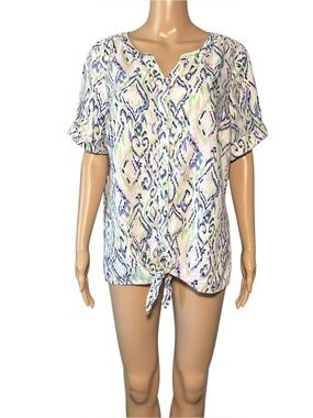 Emily Daniels Women's Blouse XL Multicolor Linen Blend Tie Front Short Sleeve